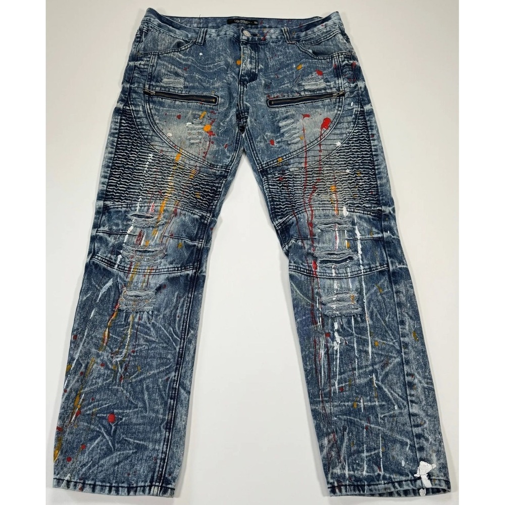 Lion Dynasty Moto Jeans Mens 36x30 Blue Acid Wash Paint Splatter Distressed Y2K